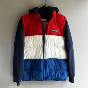 Levis Jacket Youth XL 13-15Blue Puffer Full Zip Pockets Hooded Logo Quilted